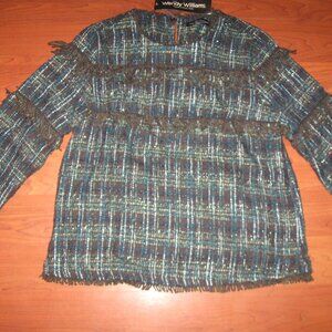 WENDY WILLIAMS COLLECTION Fringe Tweed Top XS S Teal Green Black Blouse Eyelash